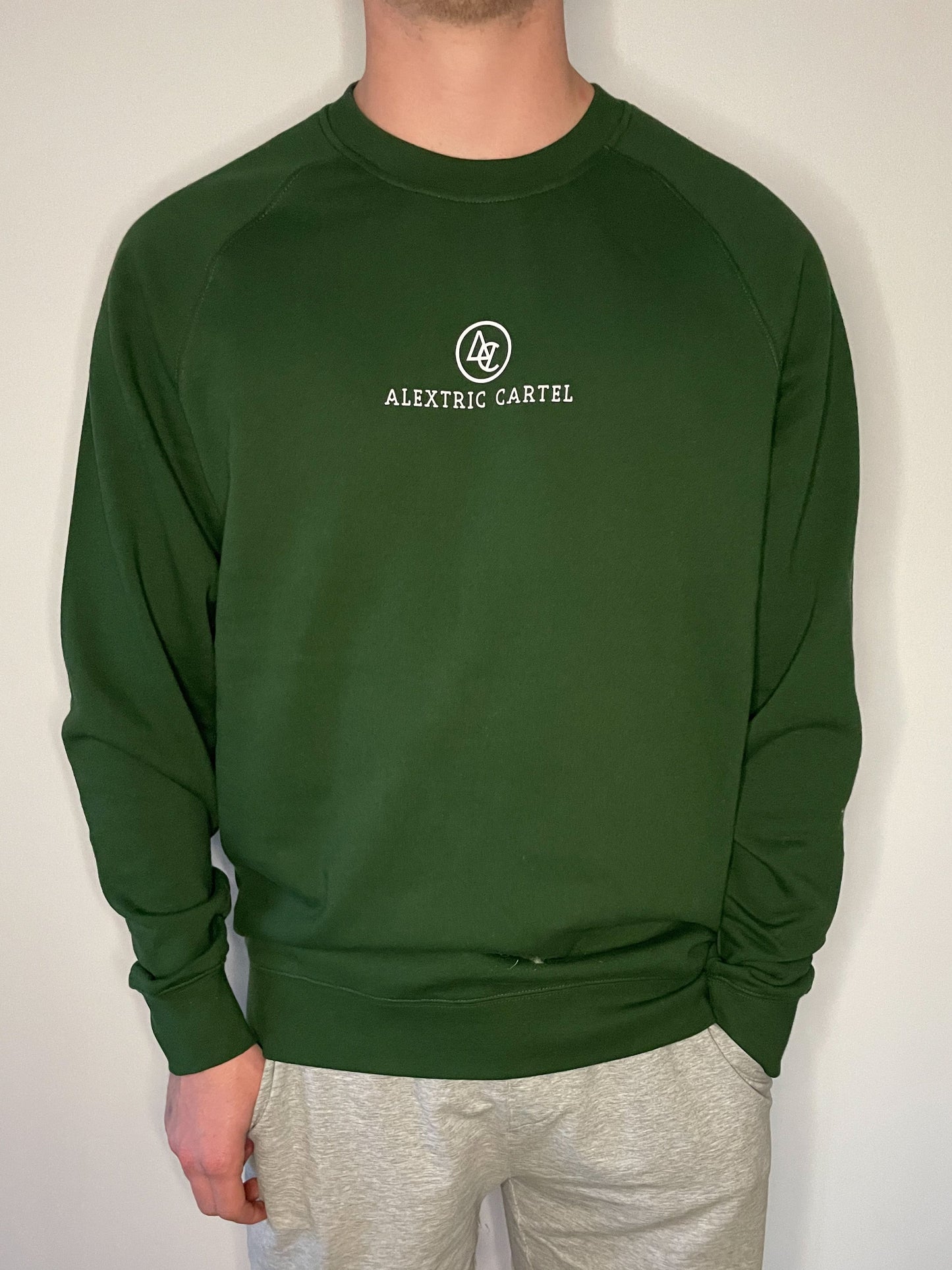 Forest green staple crew neck jumper by Alextric Cartel