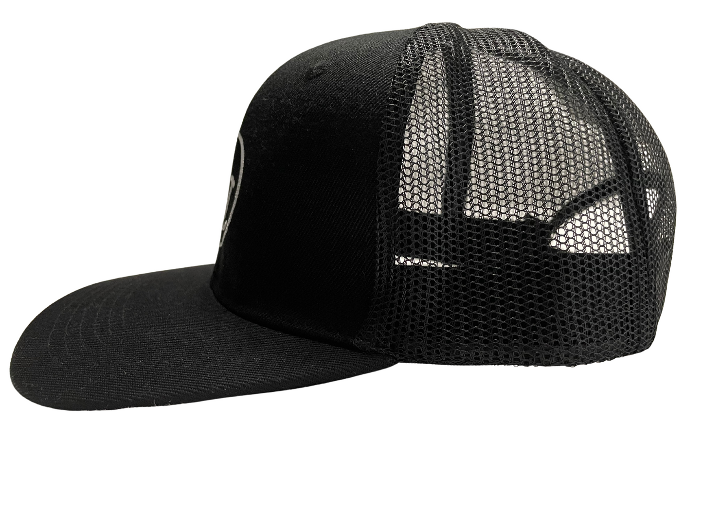 Black trucker hat with Alextric Cartel logo on front. side veiw