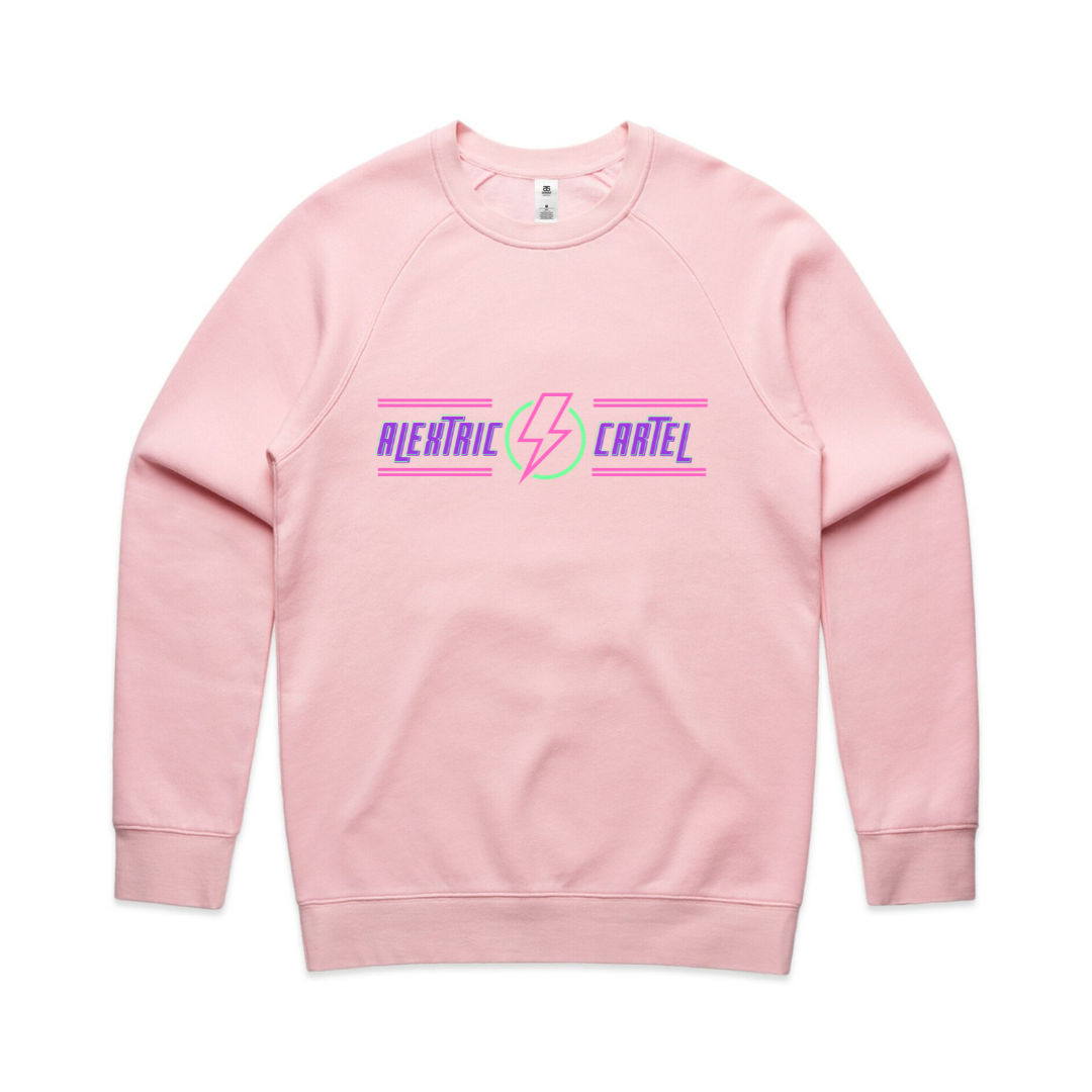 Baby pink retro style pull over jumper with purple, green and hot pink print.