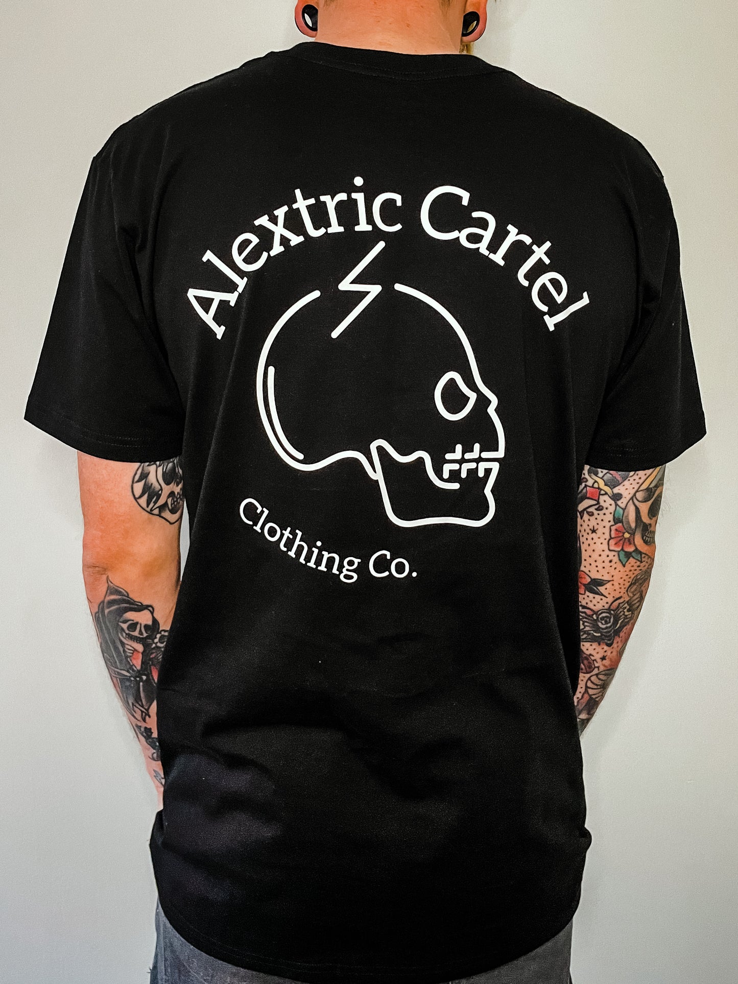 Black graphic tee, Alextric cartel skull print