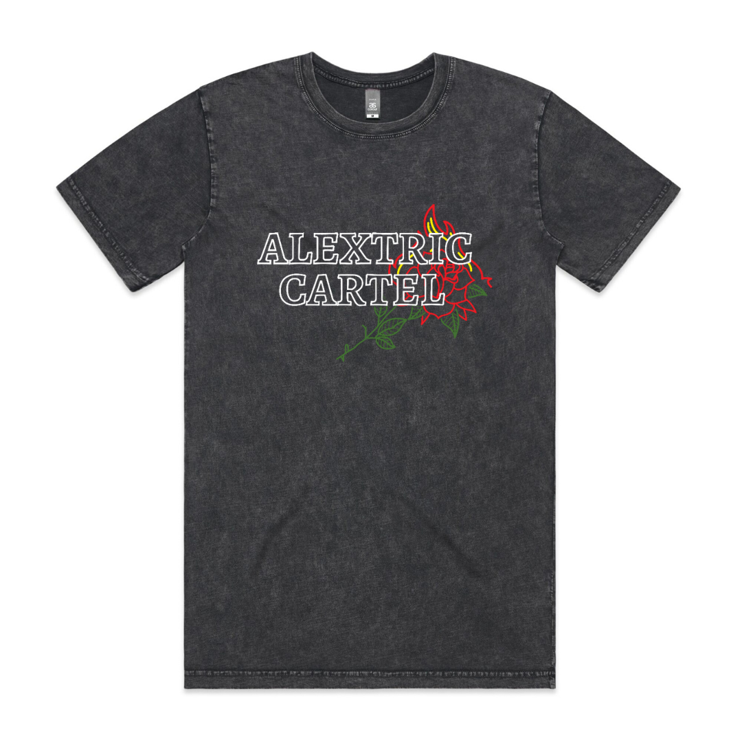 Vintage stone wash t-shirt with flame rose design. mock up
