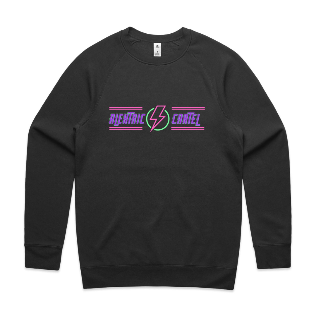 Black pull over crew neck jumper with pink, purple and lime green Alextric Cartel design