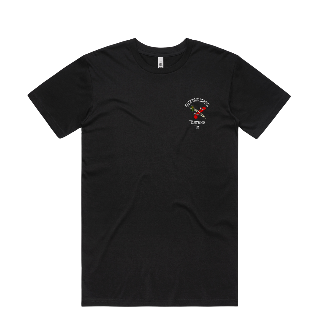 Black graphic t shirt with skate board and beer design. Alextric Cartel Merch