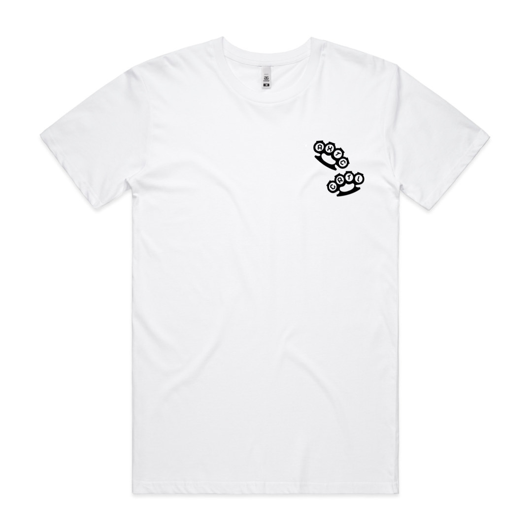 Basic white premium t shirt with knuckle dusters printed on left chest. Alextric Cartel design