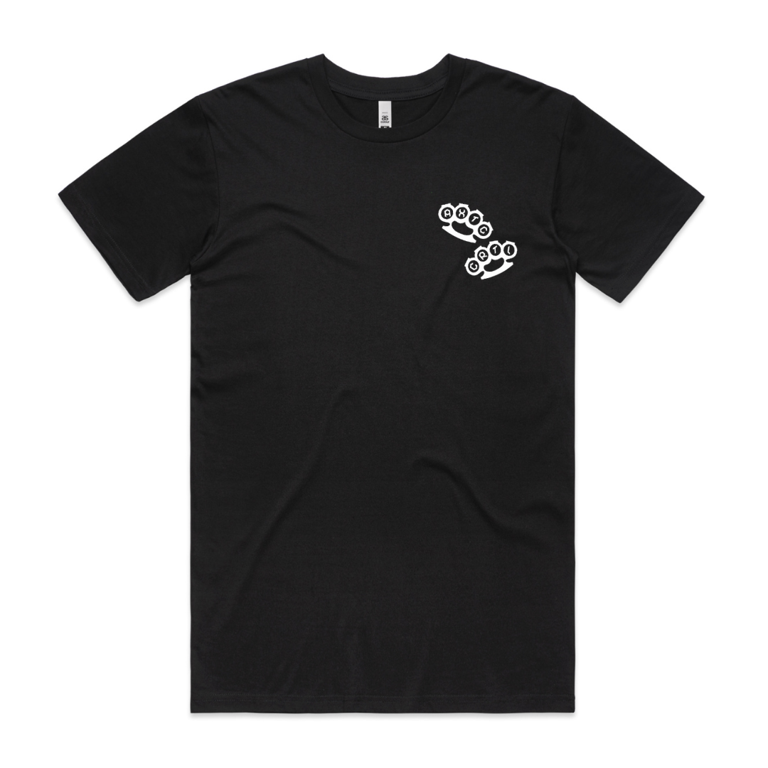 Basic black premium t shirt with printed knuckle dusters detail on left side of chest. Alextric Cartel design
