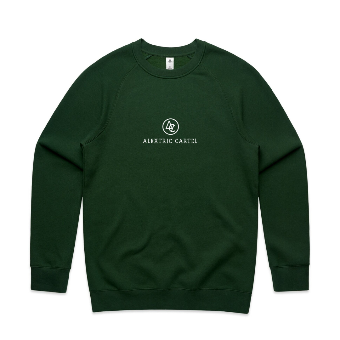 Green jumper, dark green crew neck jumper. Alextric Cartel Staple jumper