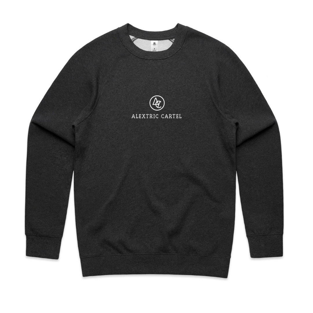 Asphalt marle crew neck jumpers with Alextric Cartel design and logo
