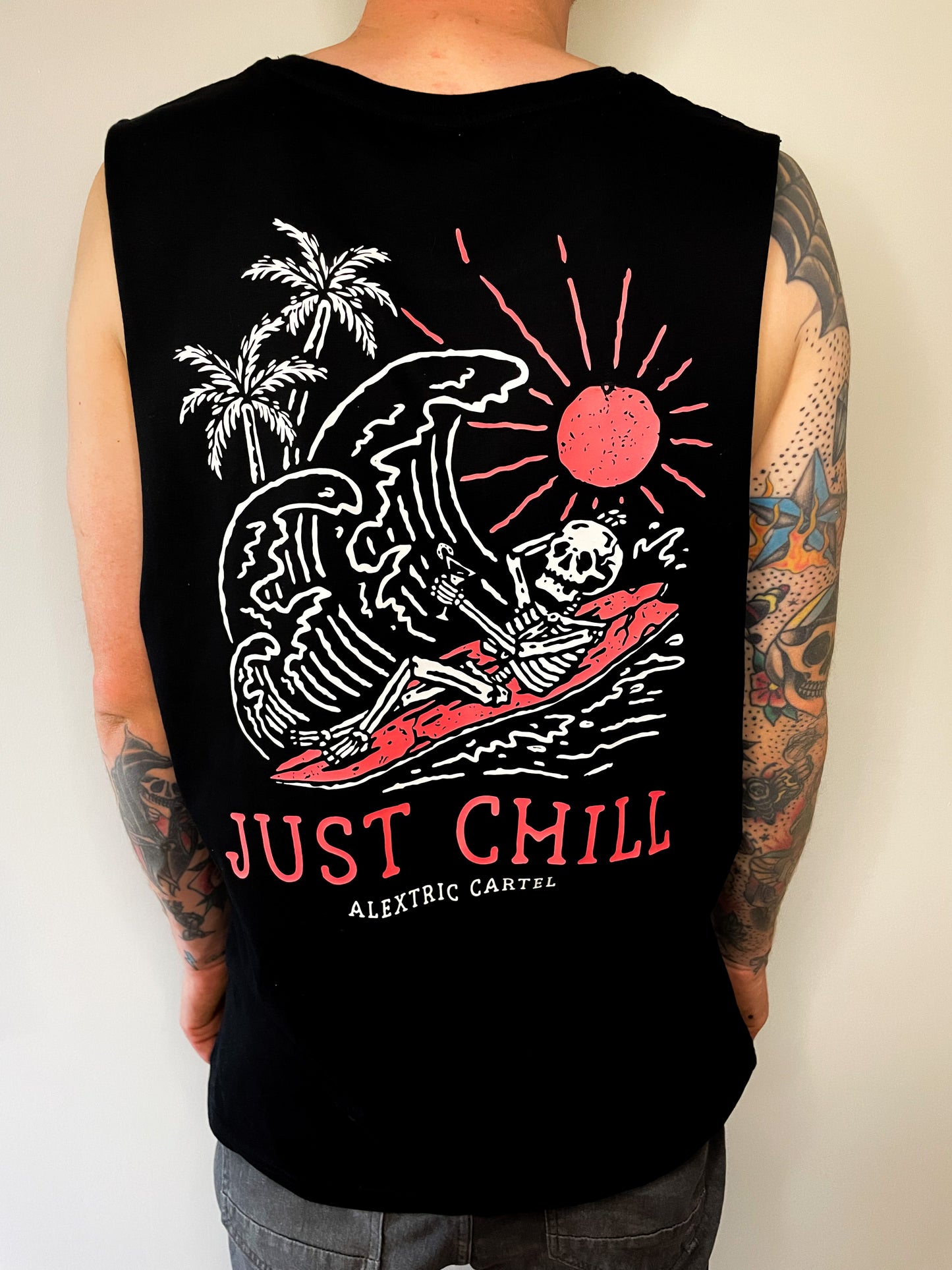 Just chill design by alextric cartel, skeleton drinking and surfing 