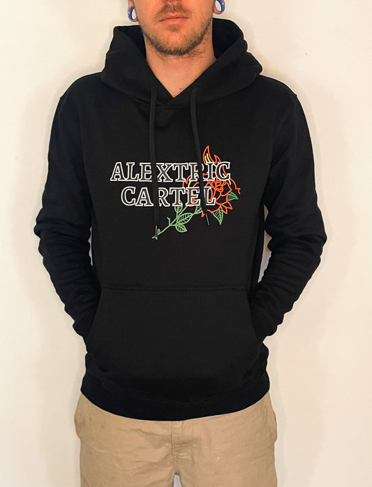 Black hoodie with front graphic print. Rose on fire design by Alextric Cartel