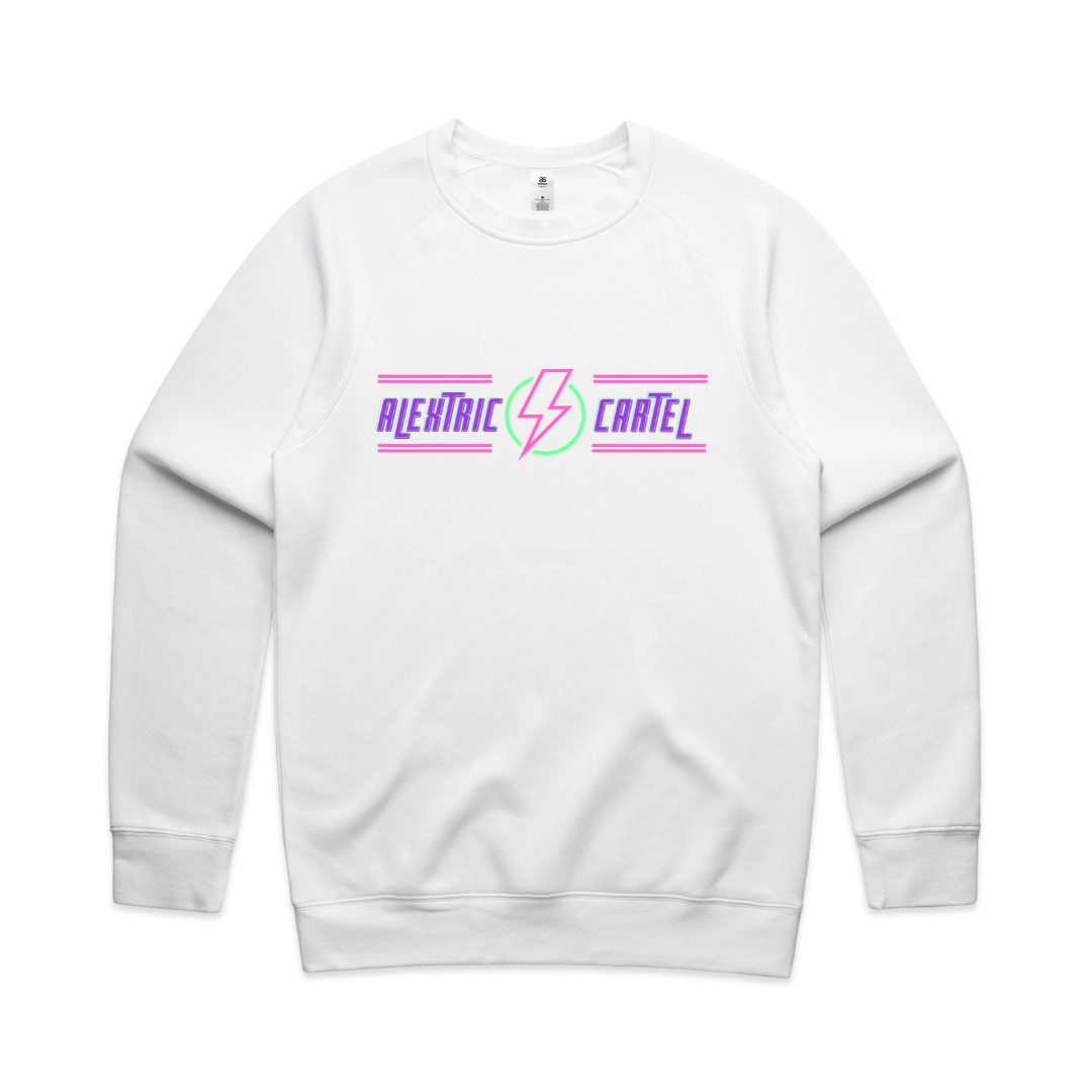 White pull over crew neck jumper with pink, purple and lime green Alextric Cartel design