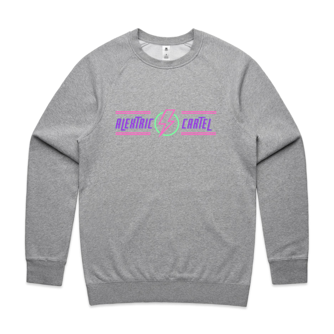 Light grey pull over crew neck jumper with pink, purple and lime green Alextric Cartel design.