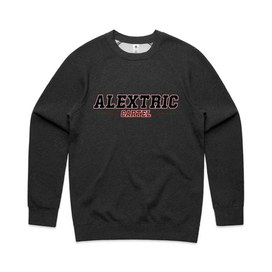 Best selling Tric print from Alextric Cartel. Dark grey pull over crew neck jumper.