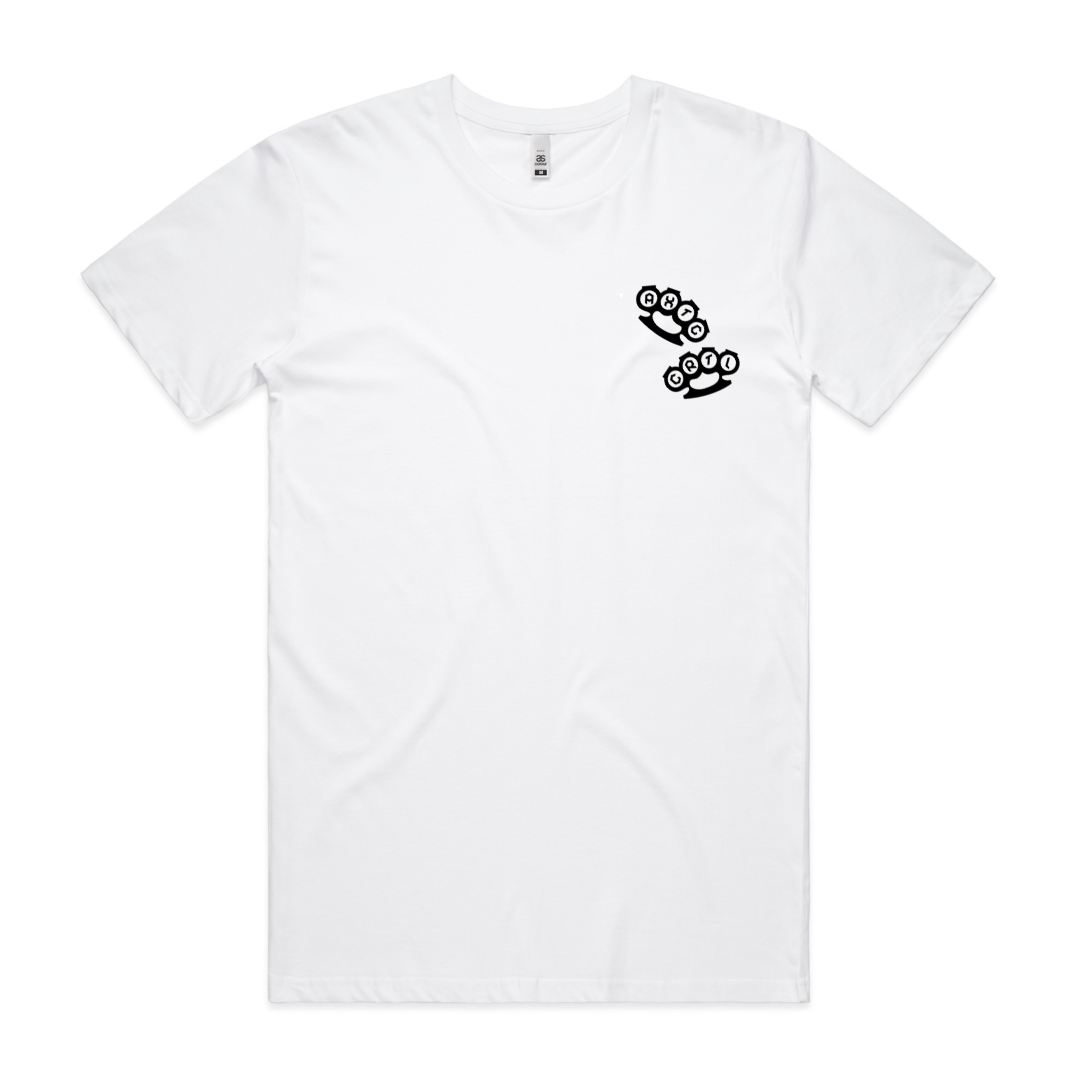 Basic white premium t shirt with knuckle  dusters printed on left chest. Alextric Cartel design 