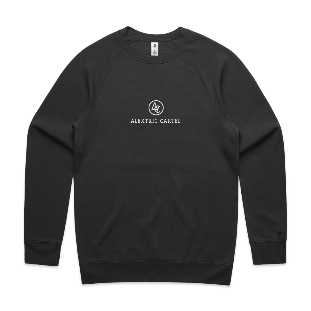 Black crew neck jumper. Alextric cartel logo design black sweater